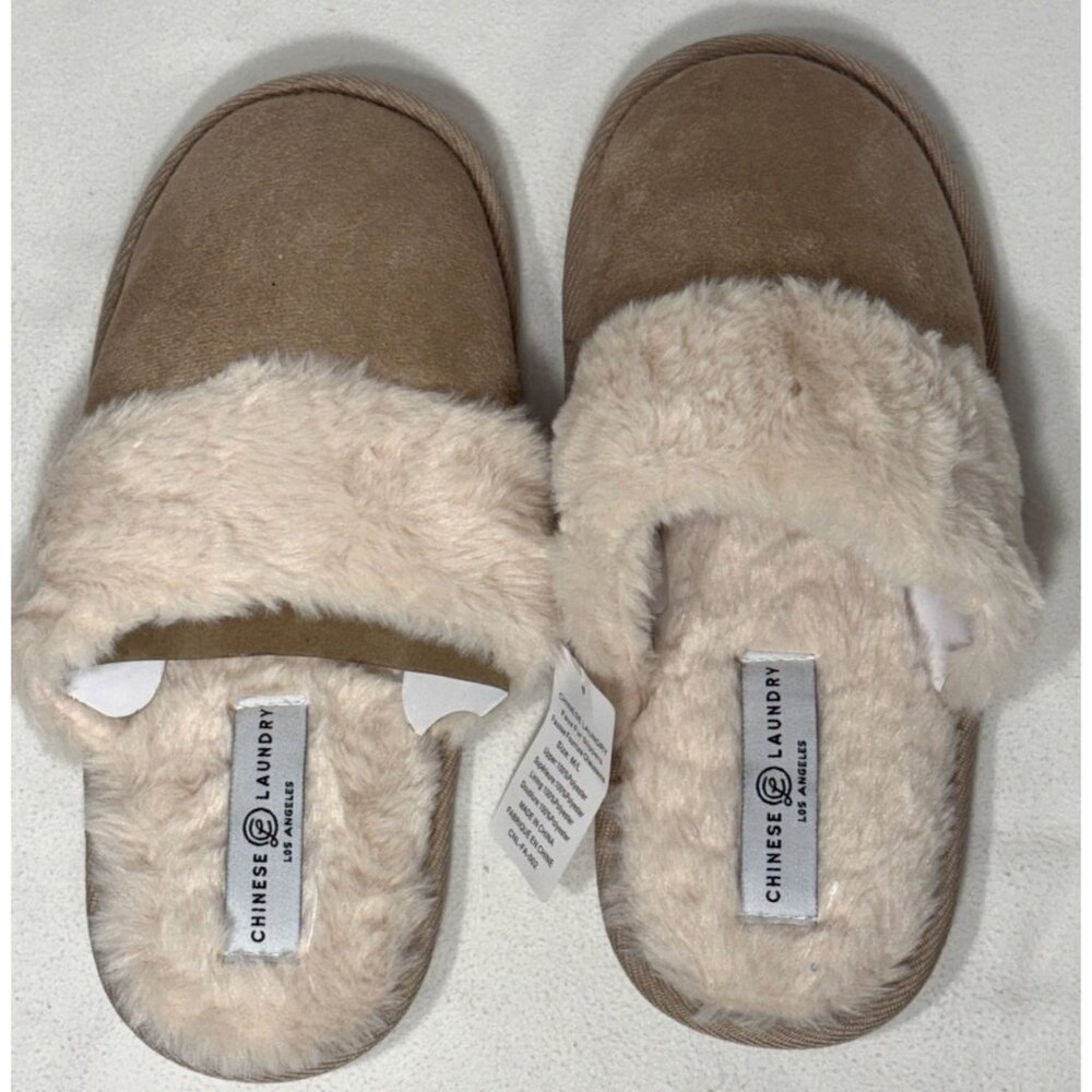 Chinese Laundry Tan Faux Fur Suede Lined Slippers Women's M/L NWT Christmas